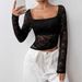 Elegant Women's Lace U Neck Long Sleeve T Shirt Top Asymmetrical Hem Style Fashion_ecoleips.com