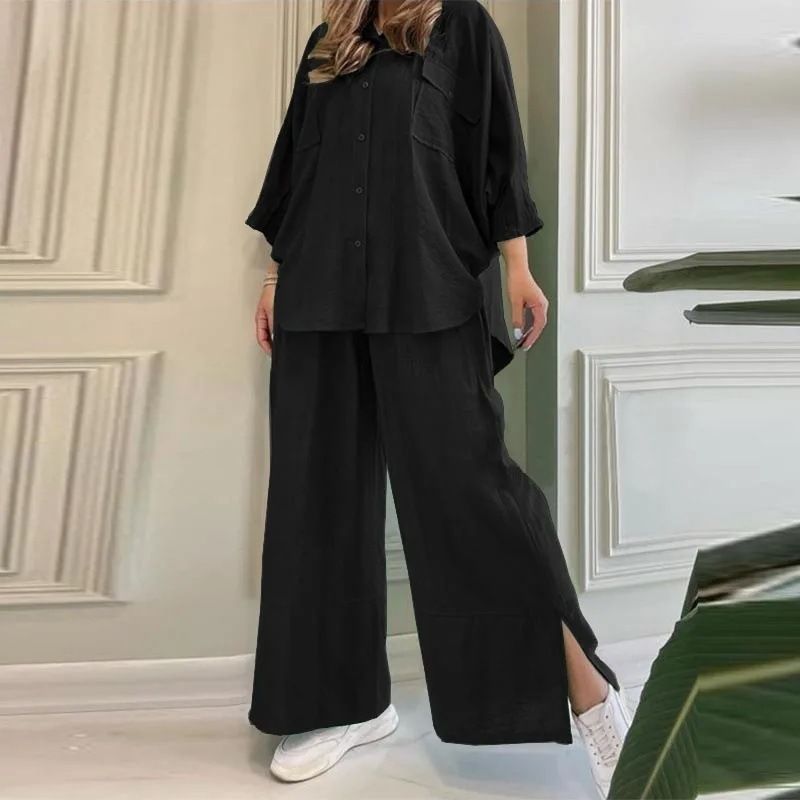 New European And American Women's Clothing Lapel Long Sleeved Shirts Spring And Autumn Casual Solid Color Pants Wide Leg Suits_ecoleips.com