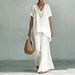 Women's Cotton Linen V Neck Short Sleeve Top And Wide Leg Pants Set Casual Fashion Loose Fit European And American Style Independent Store Clothing_ecoleips.com
