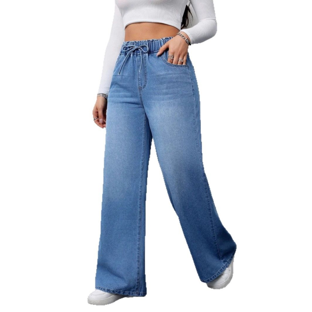 Vintage Light Blue High-Waisted Wide-Leg Jeans For Women – Relaxed Fit With Adjustable Drawstring Waist & Retro Stitching_ecoleips.com