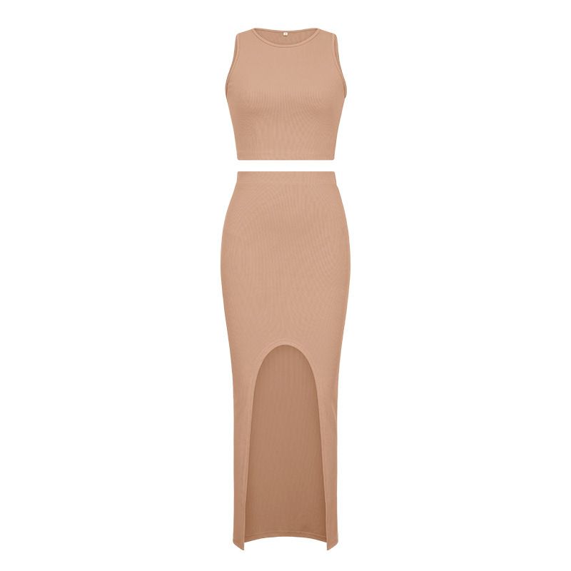 Women's Clothing Suit Solid Color Round Neck Vest Side Slit Skirt Two Piece Suit For Women_ecoleips.com