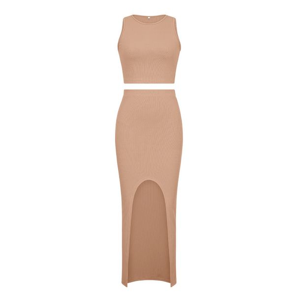 Women's Clothing Suit Solid Color Round Neck Vest Side Slit Skirt Two Piece Suit For Women_ecoleips.com