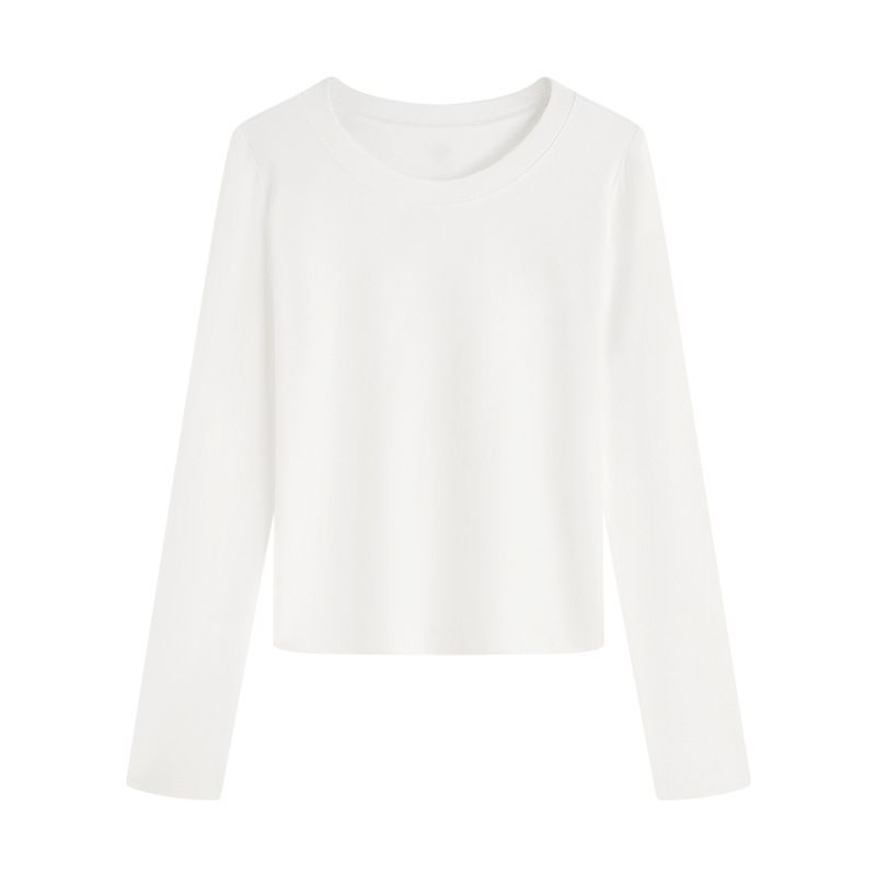 French Crew Neck Front Shoulder Long Sleeve T-Shirt Women's Autumn New Elastane Yarn Slim And Skinny Bottom Girls Inner Top_ecoleips.com