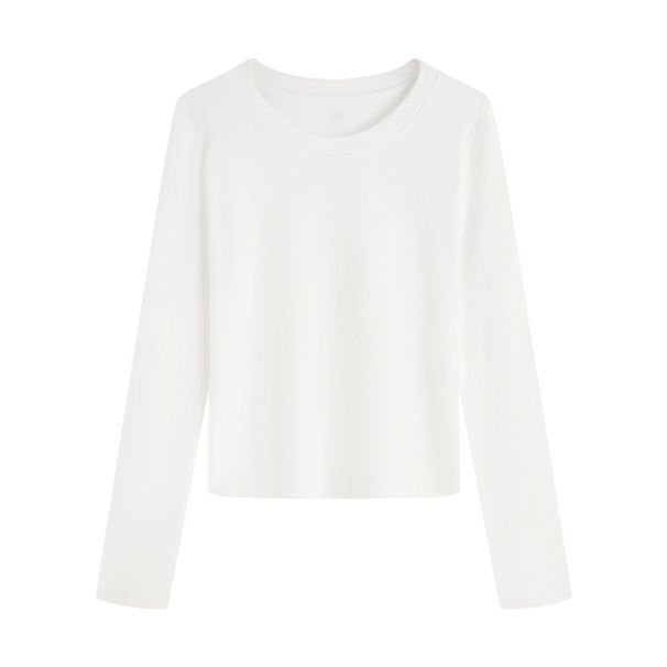 French Crew Neck Front Shoulder Long Sleeve T-Shirt Women's Autumn New Elastane Yarn Slim And Skinny Bottom Girls Inner Top_ecoleips.com