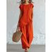 Women's Bohemian Two-Piece Set Round Neck Button Down Short Sleeve Top And Wide Leg Pants Beach Vacation American Style_ecoleips.com