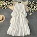 Elegant French-Style Lace Trim Bubble Sleeve Dress With Bow Tie & Peter Pan Collar – Flowy Midi Length For Women_ecoleips.com