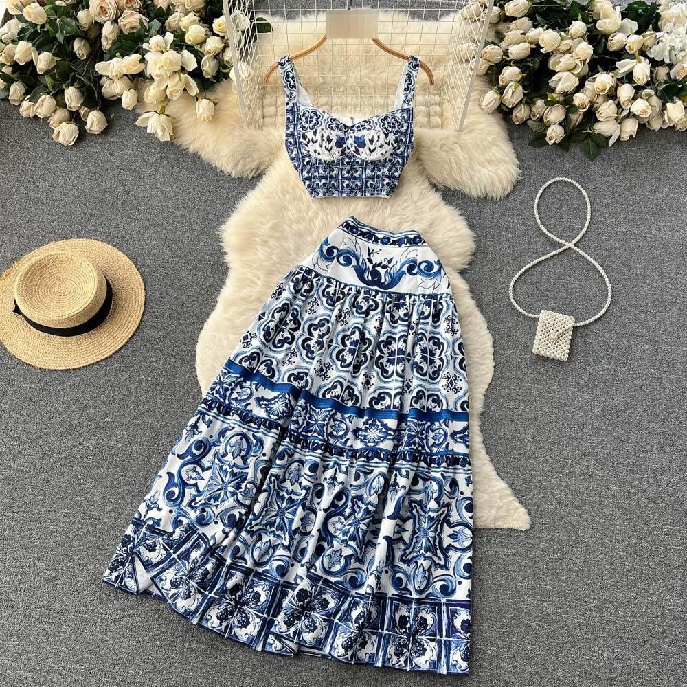 Women's Summer Blue White Porcelain Print Suit Short Tube Top Suspender Pleated Skirt 2 Piece Set with Breast Pads_ecoleips.com