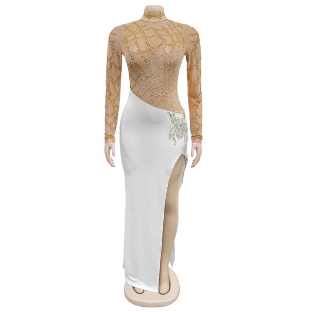 Women's Clothing Fashion Women's Hot Diamond Sexy Hollow Long Sleeved Slit Dress_ecoleips.com