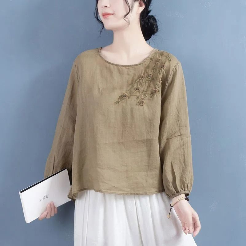High-Quality Embroidered Round-Neck Long-Sleeved T-Shirt For Women Suitable For Commuting; Features A Retro, Artistic_ecoleips.com
