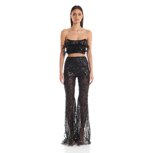Strapless Short Top And Long Pants Autumn Winter New Ostrich Sequin Two-Piece Set_ecoleips.com