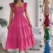 Women's Clothing Solid Color Square Collar Ruffled Waist A Line Long Skirt_ecoleips.com