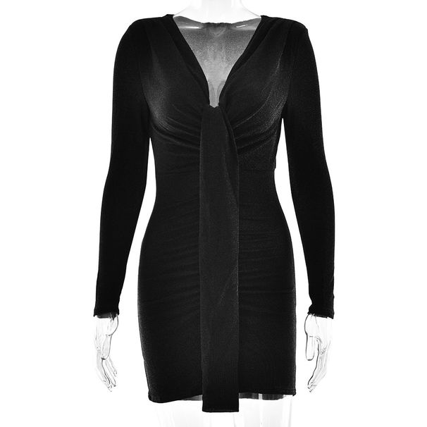 Women Elegant Bodycon Long Dress, Deep V‑Neck Long Sleeve Design, Floating Ribbon & Waist Ruched Detail_ecoleips.com