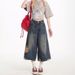 American Retro Washed Ripped Denim Cropped Men Women, High Street Frayed And Distressed Loose Straight-leg Capri Pants_ecoleips.com