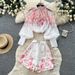 Women's Floral Print Fashion Set Lantern Sleeve Stand Collar Top High Waisted Shorts Two Piece Outfit For Commuting Court Style_ecoleips.com