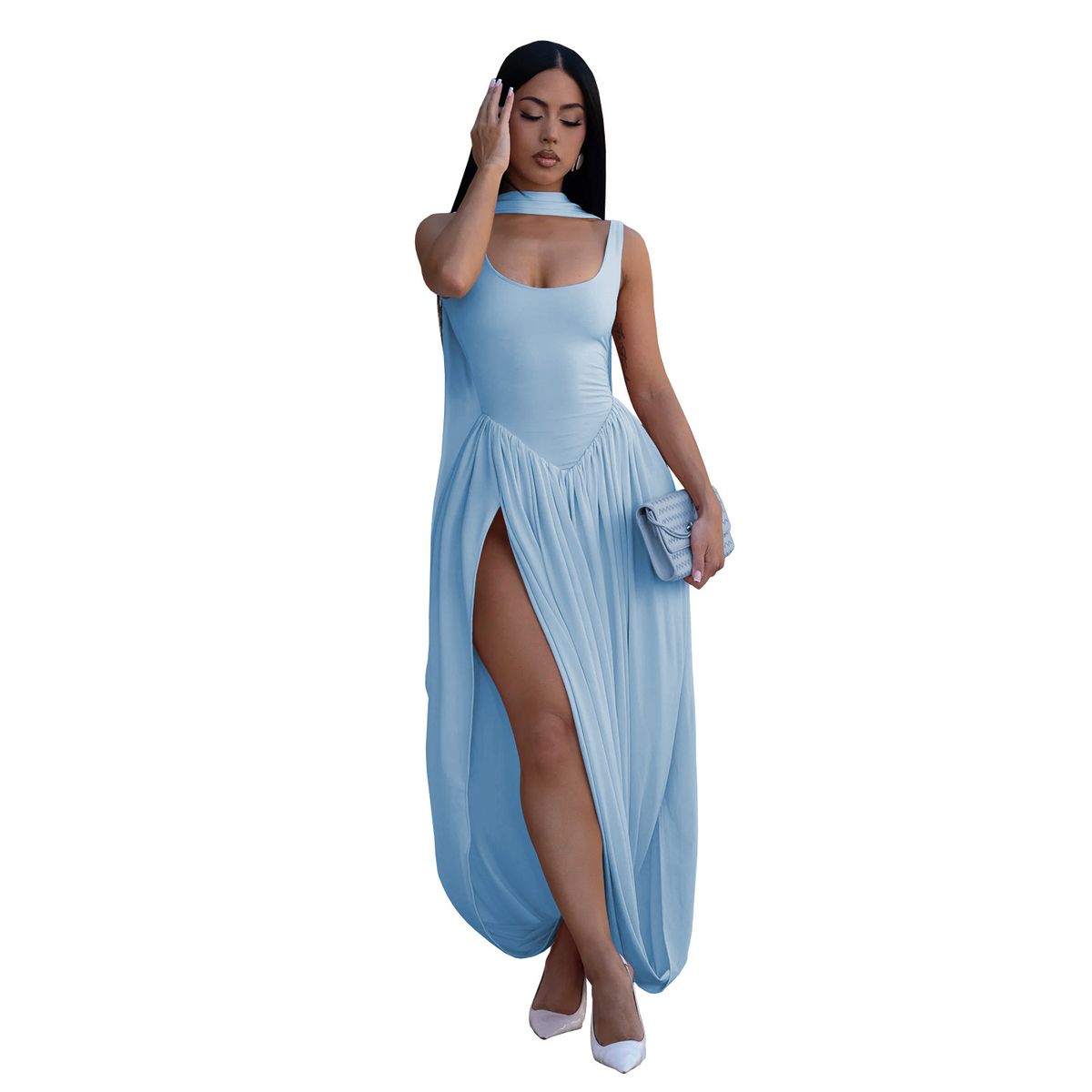 Elegant Split-Thigh Dress With Flowing Tie Details - Stretchy Four-Way Knit Fabric, Sleeveless Bodycon Midi Set_ecoleips.com