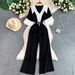 Elegant French-Inspired V-Neck Short Sleeve Jumpsuit With Contrast Color & Waist Belt - Flowy Wide Leg Pants For Women, Summer Retro Chic Outfit_ecoleips.com