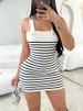 Women's Blue Striped Sundress Wide Strap Square Neck Stretchy Ribbed Knit Bodycon Mini Dress Casual Summer Daily Party Dress_ecoleips.com