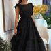 Women's Clothing New Black Full Body Flash Hot Diamond Small Flying Sleeve Waist Ruffle Long Skirt_ecoleips.com