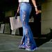 Cross-border, Vintage Dark Blue, Embroidered Jeans Women, Mid-high Waist, Extended Length, Floor-length Flared Pants For_ecoleips.com