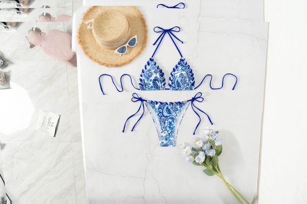 Women's Clothing Sexy Three-Point Bikini Backless Strap Print Two-Piece Set Women's Swimsuit Polyester Fabric Bikini Set_ecoleips.com