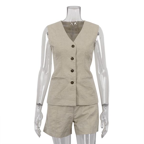 Women's Clothing ins style cotton and linen suit sleeveless vest suit summer women's casual shorts two-piece set_ecoleips.com
