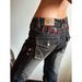 Women's Low Waist Vintage Washed Jeans, Y2K Red Lace-Up & Rivet Detail Straight Denim Pants, Casual Streetwear Trousers For Daily & Party_ecoleips.com