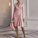 Women's Clothing Elegant Bodycon Dress With V-Neck & Pleated Detail - Slim Fit Long Sleeve Midi Dress For Women (White, Champagne, Wine Red, Pink)_ecoleips.com