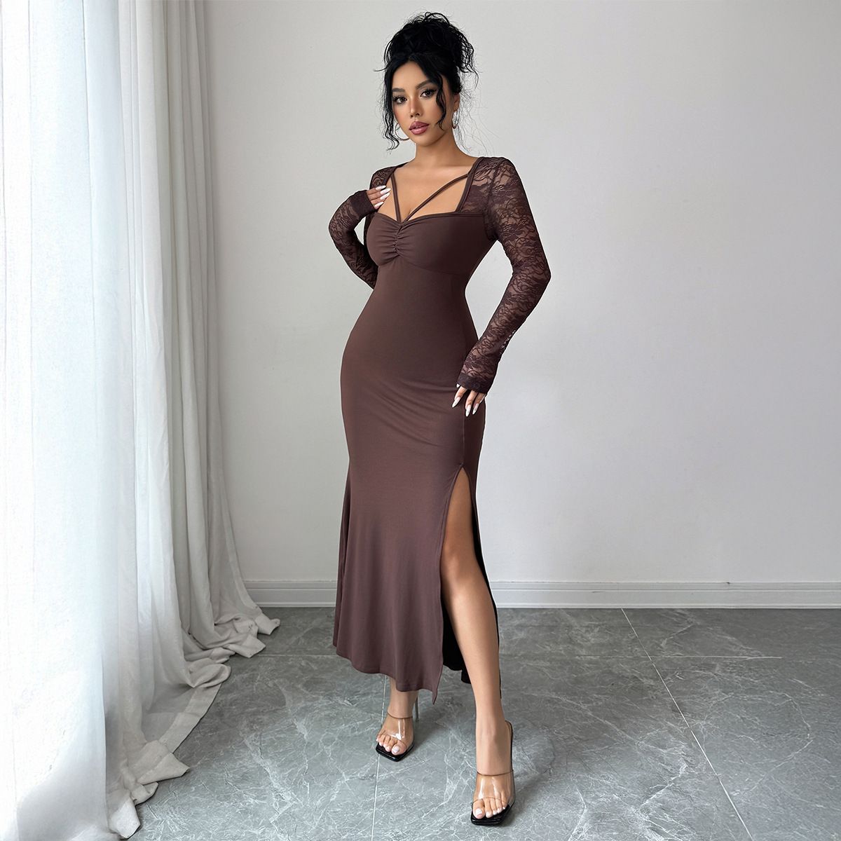 Elegant Lace Bodycon Dress – Women’s Sexy Wrap Dress (Stretch & Breathable) – Evening & Party Wear_ecoleips.com