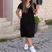 Fashion Women's plus Size Summer Dress V Neck Short Sleeve Loose Fit with Slit Hem England Style Regular Thickness_ecoleips.com