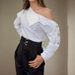 Women's Clothing Women's High Neck Gold Button Top Street Style Off Shoulder White Blouse One Shoulder Design_ecoleips.com