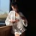 Women's Clothing Pure Cotton Bandage Cardigan Shorts Suit Loose Casual Shorts Suit_ecoleips.com