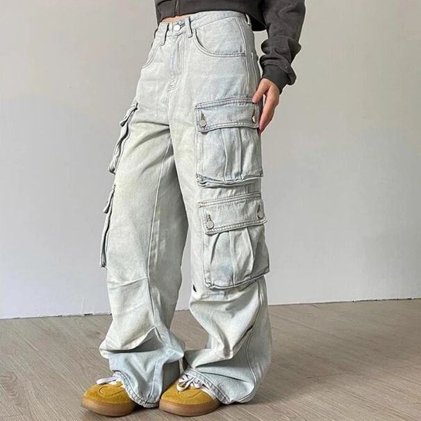 Women's Clothing Retro Multi Pocket Jeans For Women Y2k High Street Straight Overalls Wide Leg Trousers Casual Pants_ecoleips.com