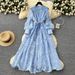 Women's Clothing Spring Waist Heavy Embroidery V Neck Lantern Sleeves Single Breasted Long Skirt_ecoleips.com