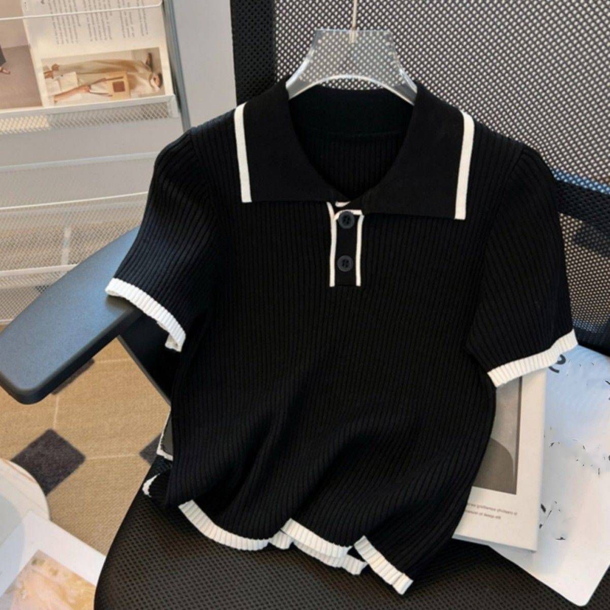 Women's Clothing Polo Collar Sweater Short Tops Women's Short Sleeved T Shirt Women's Summer New Pure Desire Style Slim Tops_ecoleips.com