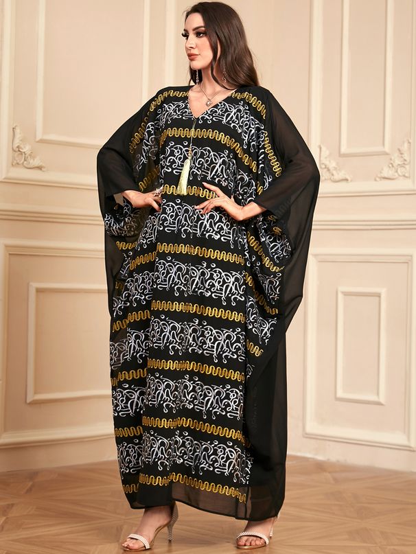 Loose Long Batwing Sleeve Tassel Embroidered Chiffon Dress Women's Muslim Fashion Robe_ecoleips.com