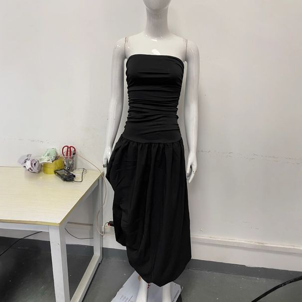 Women's Clothing Solid Color Lace Low Cut Slim Waist Pleated Tutu Skirt Suspender Dress_ecoleips.com