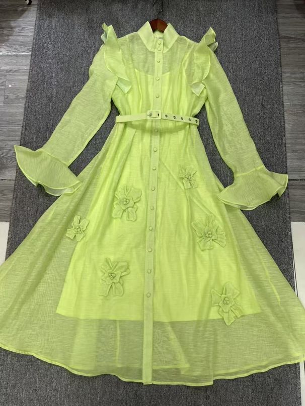 Women's Clothing Fashion Style Three Dimensional Decorative Flowers Solid Color Layered Single Breasted Long Dress_ecoleips.com