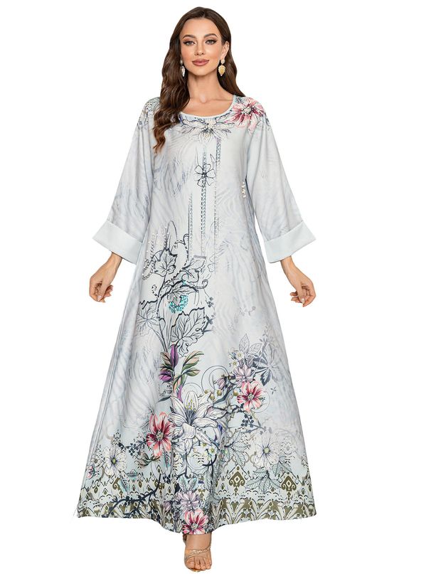 Muslim Women's Long Robe With Printed Beading And Diamonds Dubai Arabic Dress Abaya_ecoleips.com