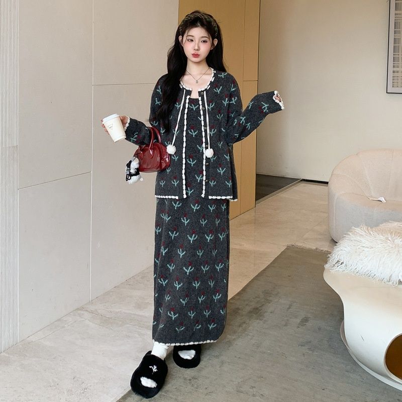 Autumn Winter New Korean Fashion Lace-Up 2-Piece Printed Maternity Dress_ecoleips.com