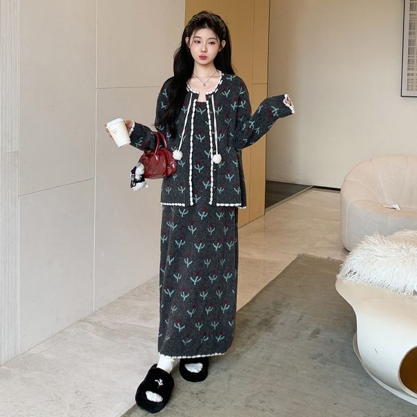 Autumn Winter New Korean Fashion Lace-Up 2-Piece Printed Maternity Dress_ecoleips.com