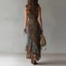 Retro Patchwork Print Asymmetrical Long Dress Slim Fitting High Slit American Style Women's Dress New_ecoleips.com