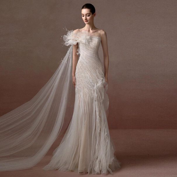 French Style One Shoulder Light Wedding Dress Super Fairy like Elegant Bridal Gown Luxury Mermaid Dress for Wedding Reception_ecoleips.com