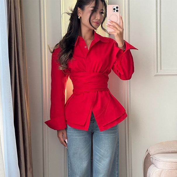 Elegant Belted Blouse For Women – Long Sleeve Wrap Shirt With Waist Tie (Red/White/Brown/Navy, S-2xl) – Office & Casual Wear_ecoleips.com