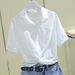 Women's Short Sleeve Polo Shirt - Korean Loose Fit Cropped Blouse With Pleated Detail (White/Green/Blue/Yellow, Summer)_ecoleips.com