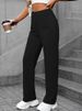 K New Women's High Waisted Pocket Wide Leg Button Casual Loose Straight Leg Pants Long Pants_ecoleips.com