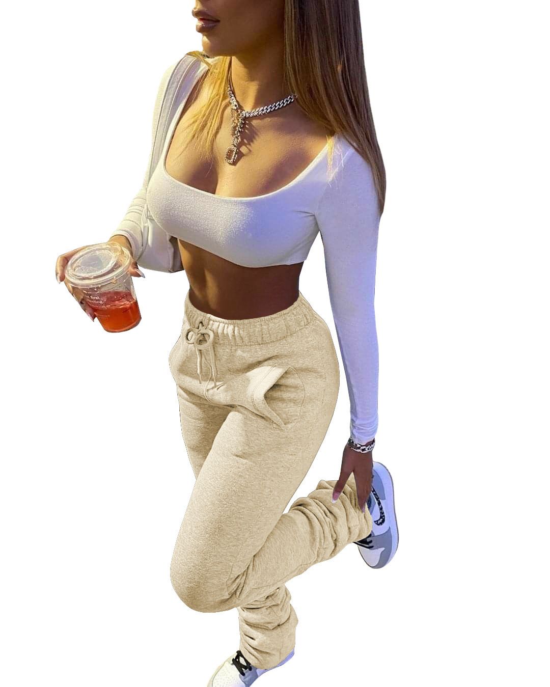 Women's Clothing Women's Thickened Sweatshirt Fabric Sports Leisure Drawstring Pants Style With Pockets For Formal & Casual For Women_ecoleips.com