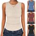 Ribbed Knit Tank Top For Women, Soft Stretch Round Neck Sleeveless Vest, Casual Slim Fit Cami, 4 Colors_ecoleips.com