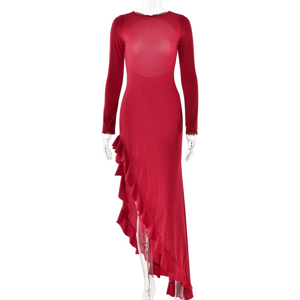 Elegant Women Solid Maxi Dress Classic Crew Neck Long Sleeve Open Back Design High Split Slimming Long Party Dress_ecoleips.com