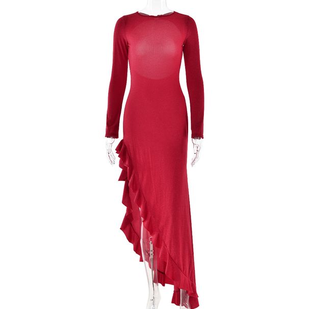 Elegant Women Solid Maxi Dress Classic Crew Neck Long Sleeve Open Back Design High Split Slimming Long Party Dress_ecoleips.com
