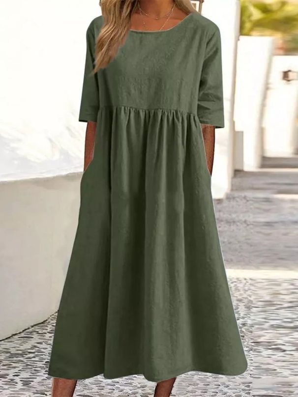 Spring And Summer Round-Neck 5-Quarter Sleeve Large-Sized Casual Loose Long Solid-Color Cotton And Linen Dress_ecoleips.com